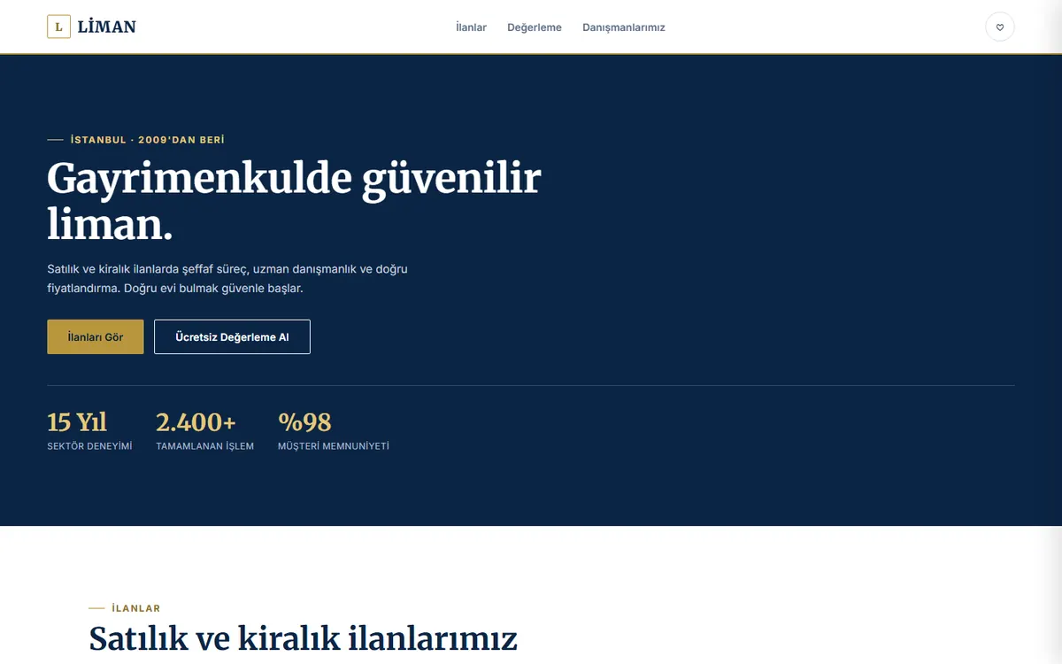 Liman emlak örnek sitesinin ana sayfası
