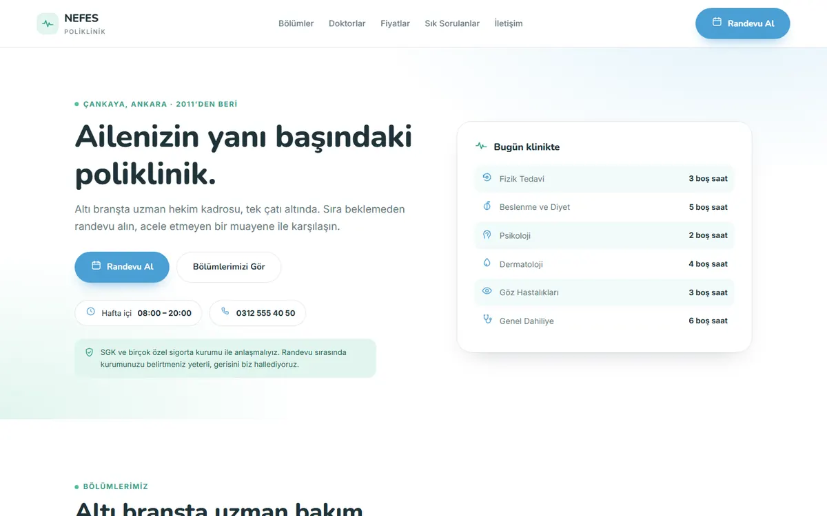 Nefes Poliklinik örnek sitesinin ana sayfası