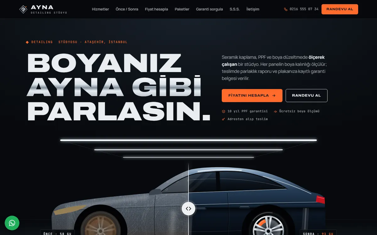 AYNA Detailing örnek sitesinin ana sayfası