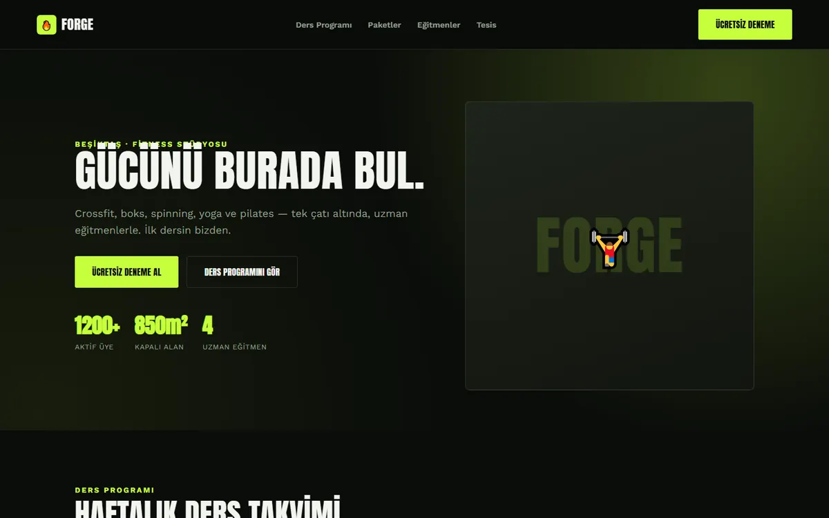 Forge spor salonu örnek sitesinin ana sayfası